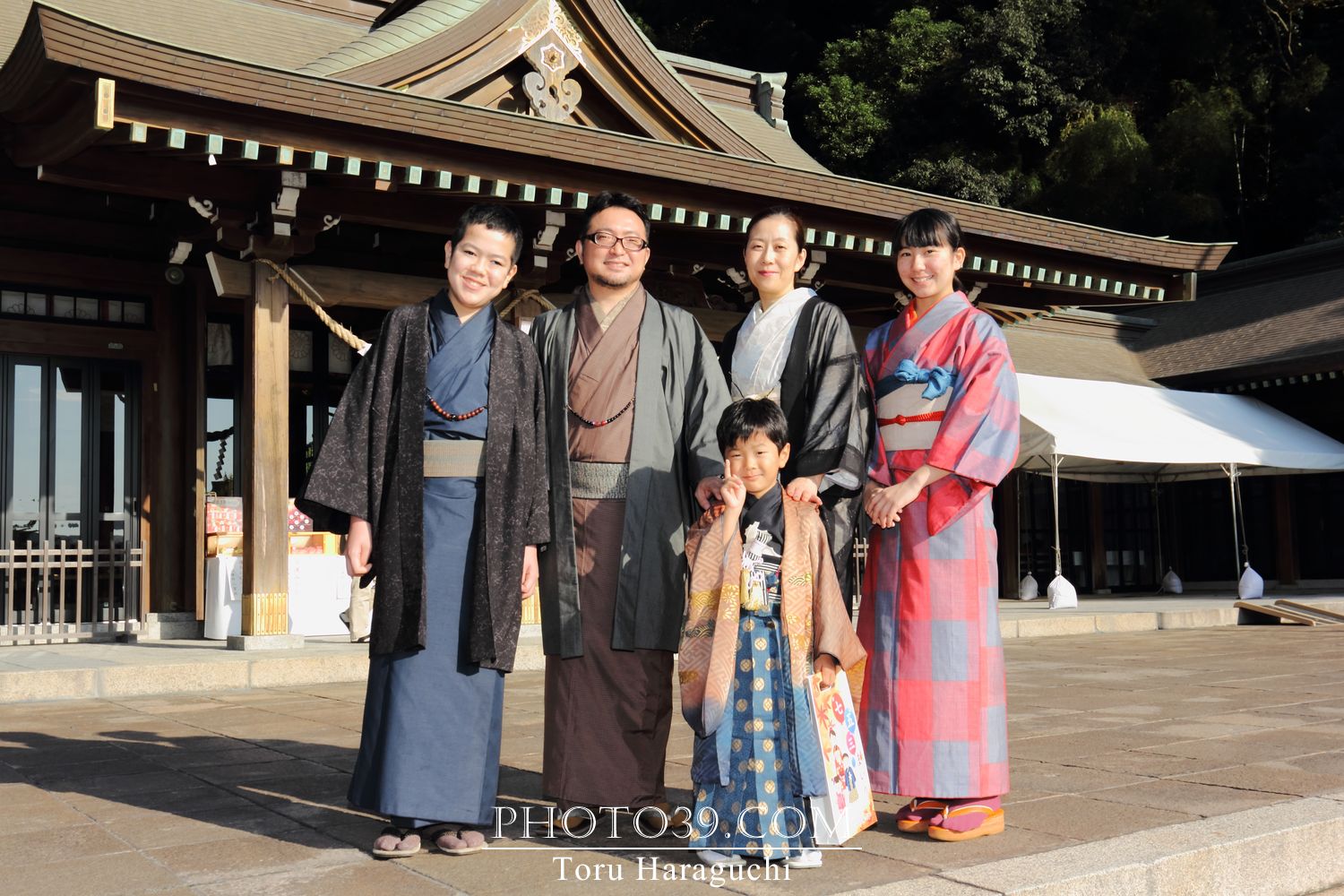 大島紬で家族写真